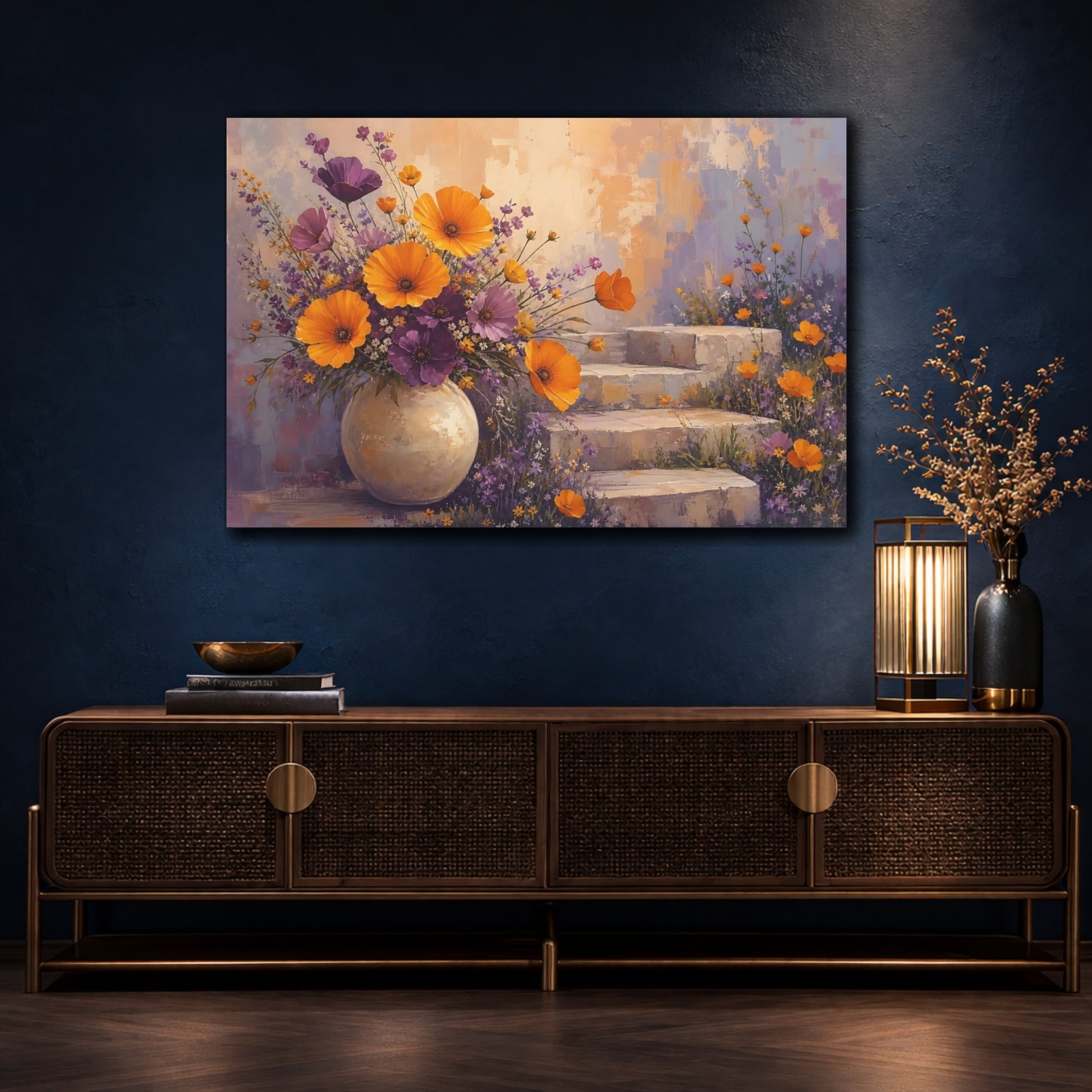Mockup 4. Floral Flower Bouquet Orange And Purple Floral shown as stretched canvas wall art