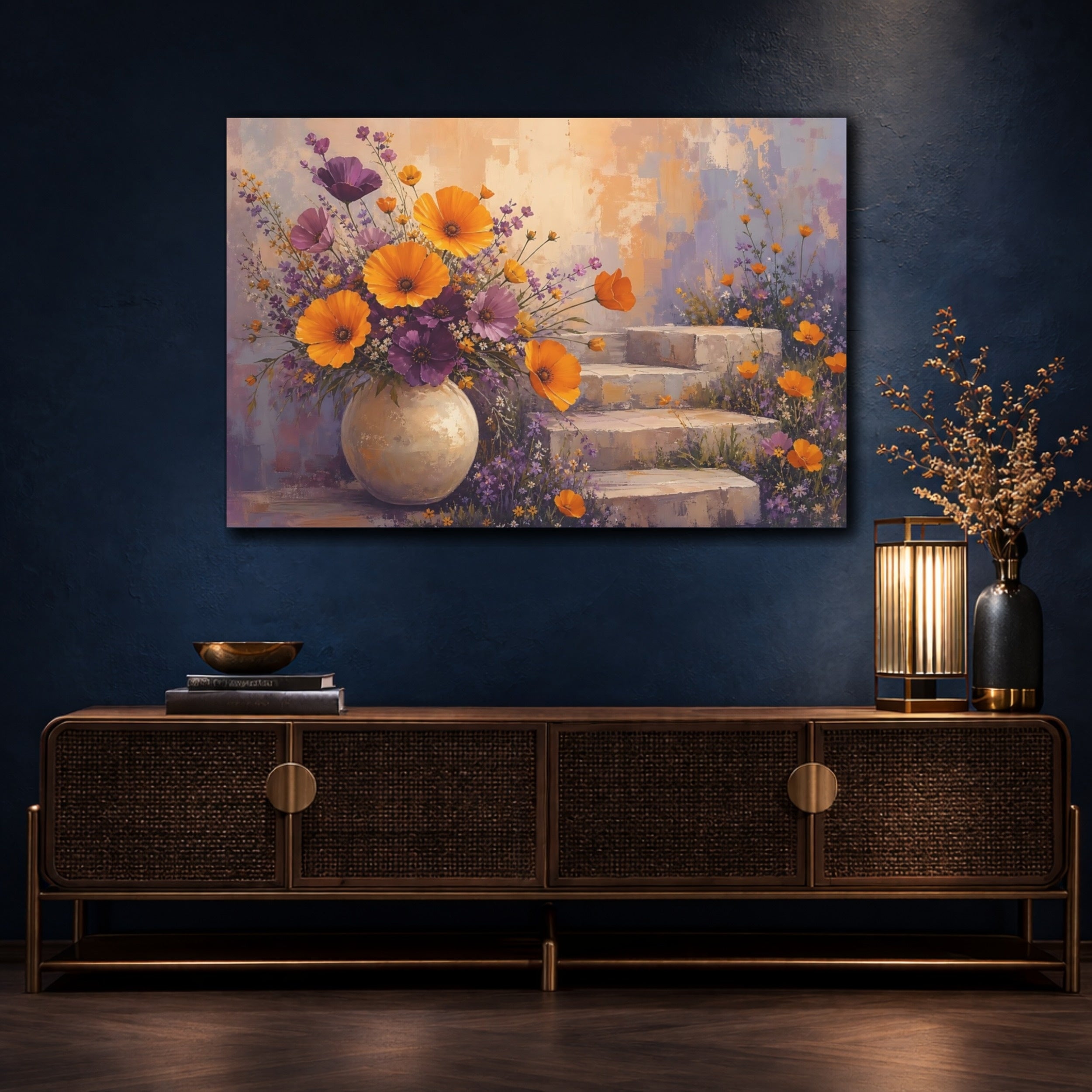 Mockup 4. Floral Flower Bouquet Orange And Purple Floral shown as stretched canvas wall art