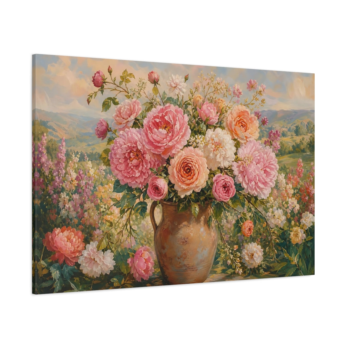 Side Mockup 1. Floral Flower Bouquet Pastel Floral shown as stretched canvas wall art