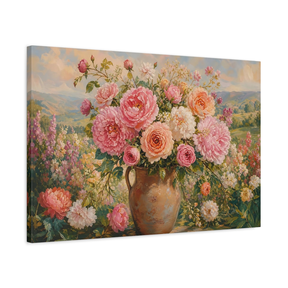 Side Mockup 2. Floral Flower Bouquet Pastel Floral shown as stretched canvas wall art