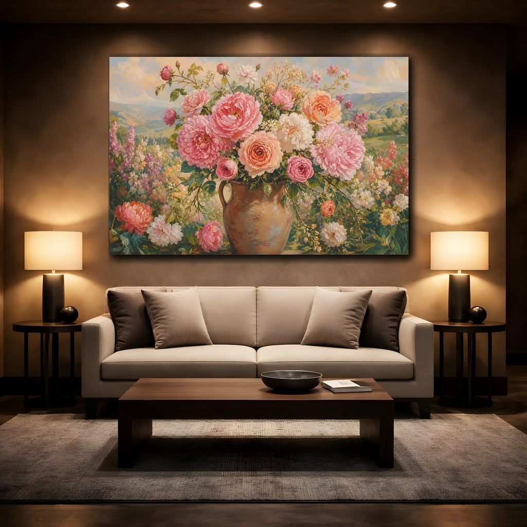 Mockup 2. Floral Flower Bouquet Pastel Floral shown as stretched canvas wall art