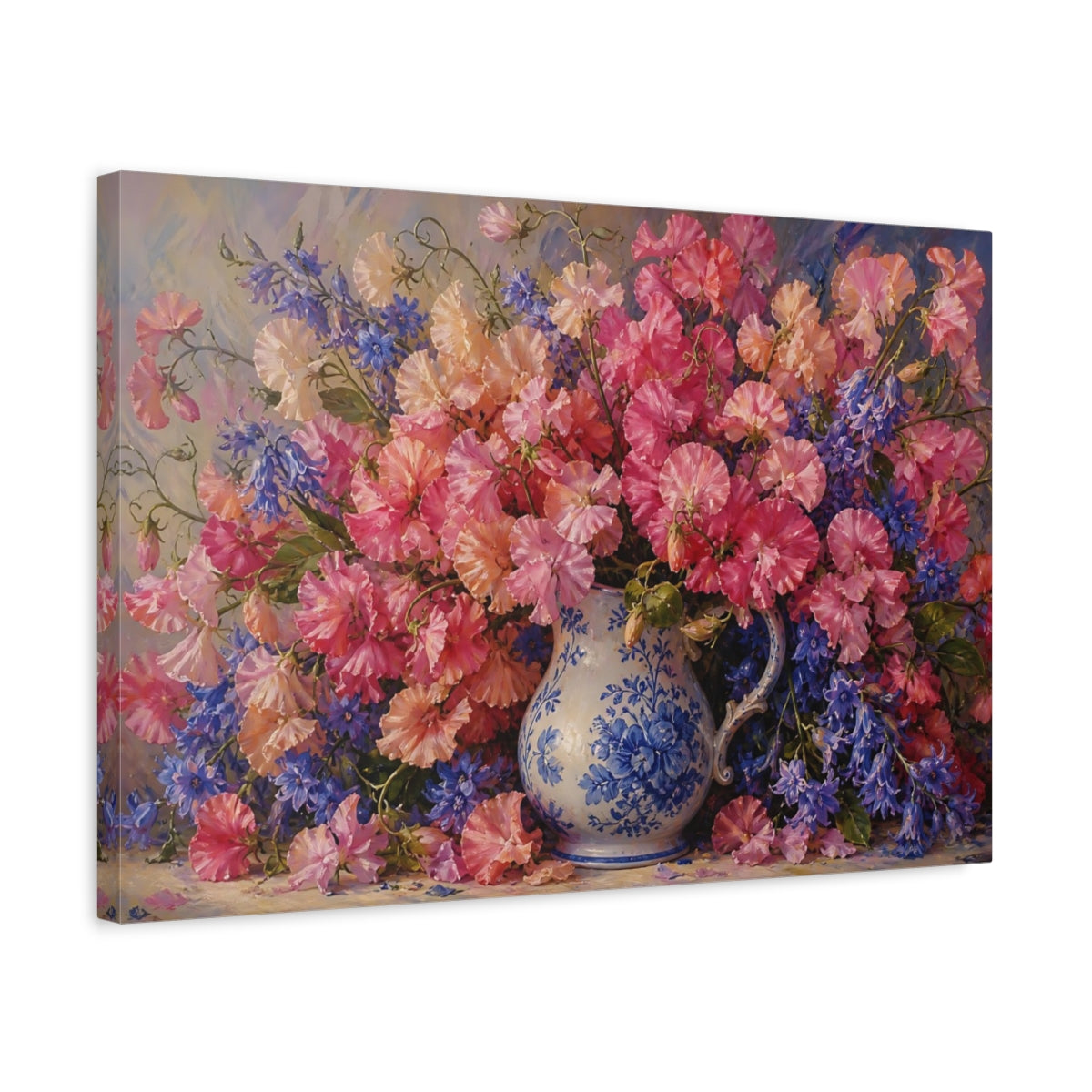 Side Mockup 3. Floral Flower Bouquet Pink And Blue Floral shown as stretched canvas wall art
