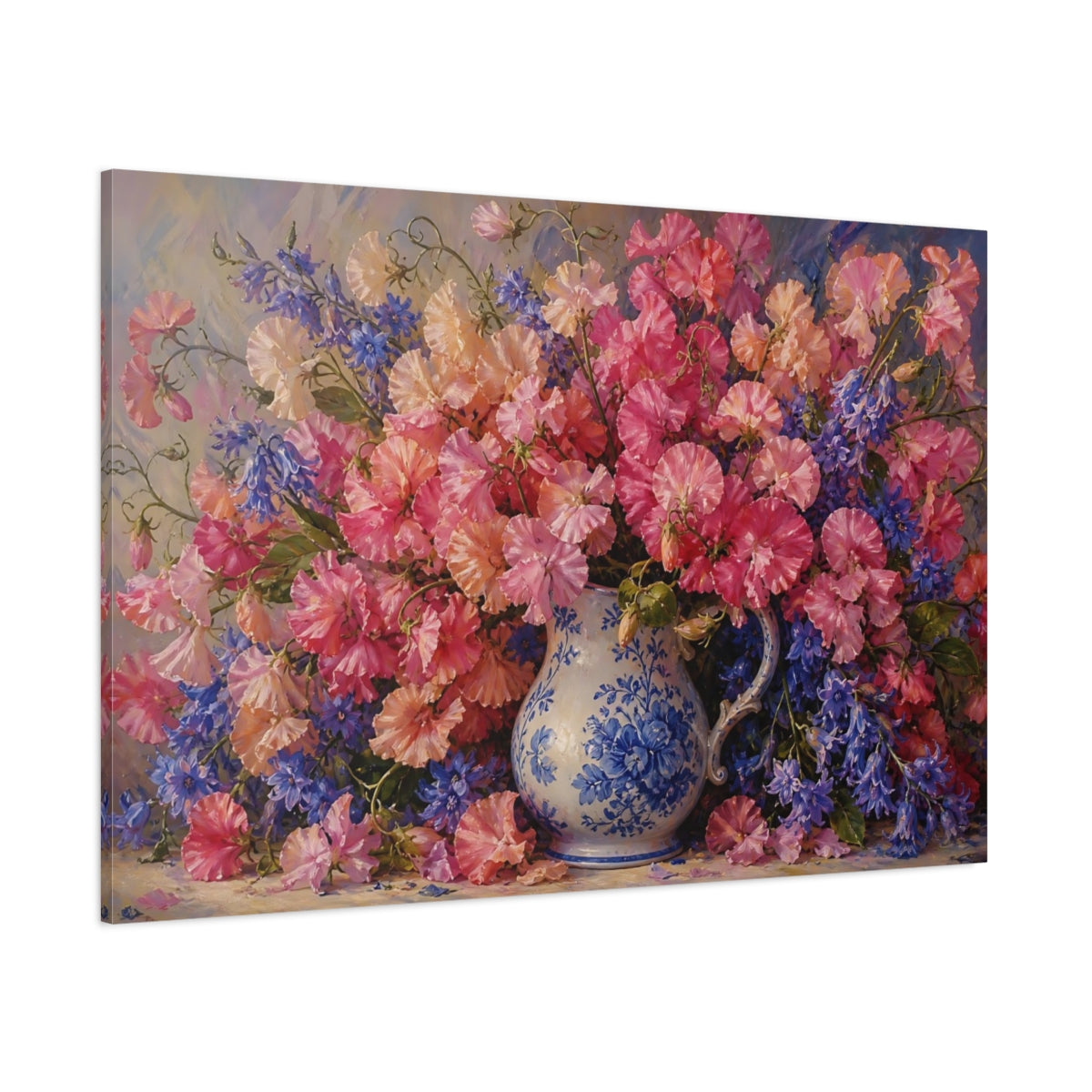 Side Mockup 1. Floral Flower Bouquet Pink And Blue Floral shown as stretched canvas wall art