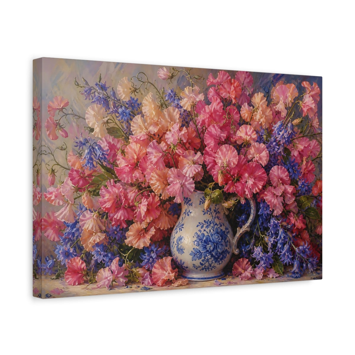 Side Mockup 4. Floral Flower Bouquet Pink And Blue Floral shown as stretched canvas wall art