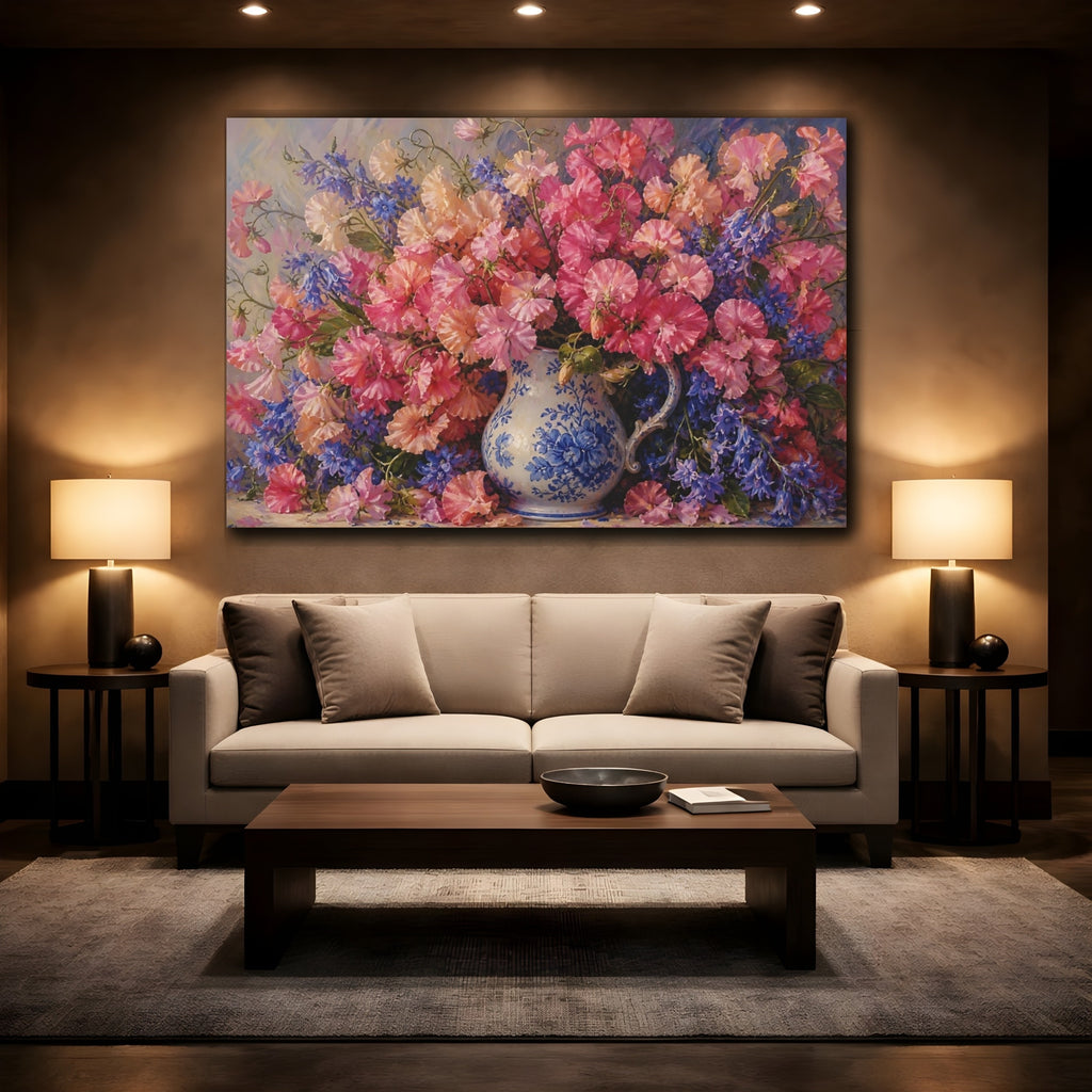 Mockup 2. Floral Flower Bouquet Pink And Blue Floral shown as stretched canvas wall art
