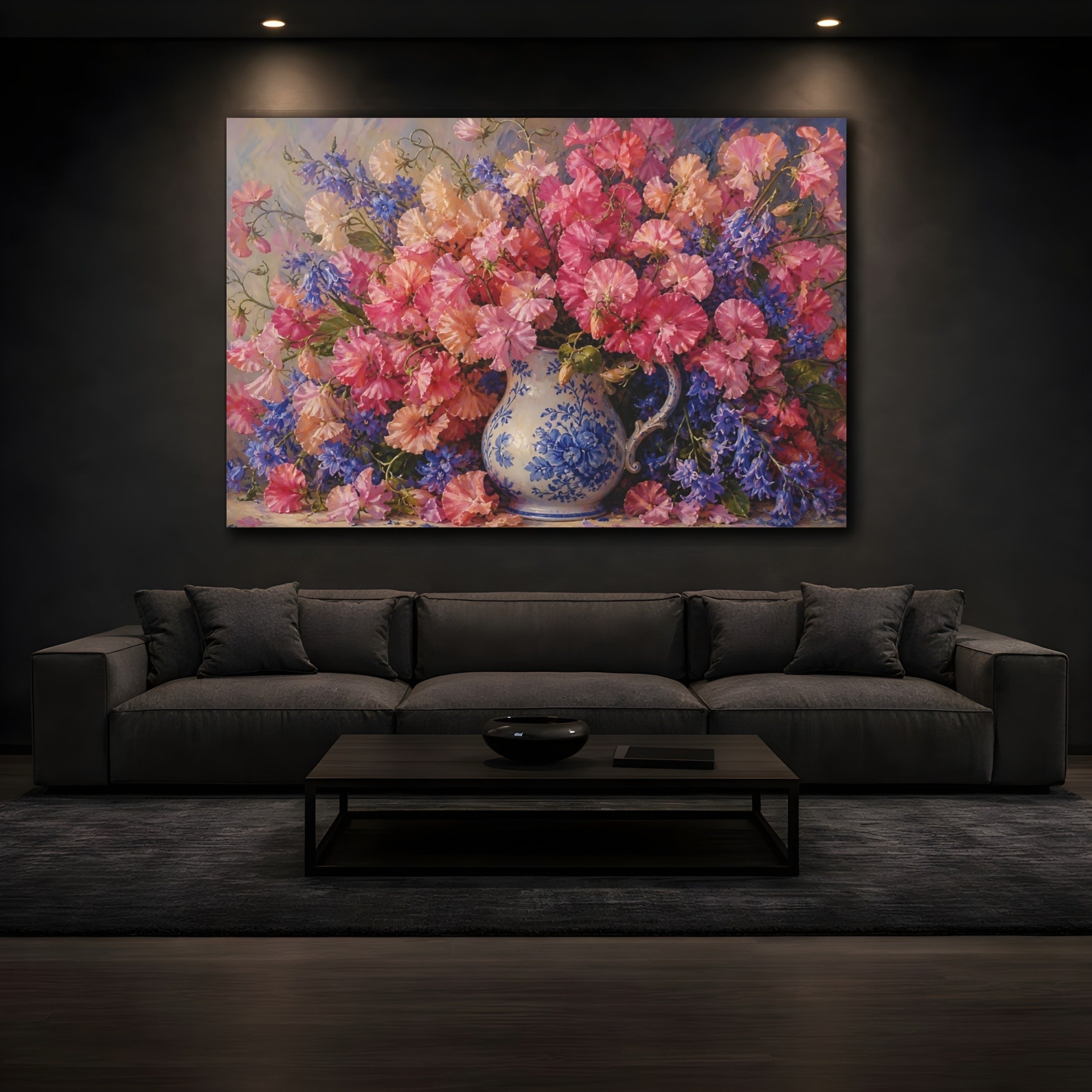 Mockup 3. Floral Flower Bouquet Pink And Blue Floral shown as stretched canvas wall art