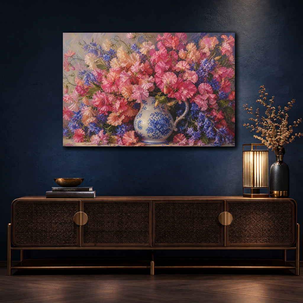 Mockup 4. Floral Flower Bouquet Pink And Blue Floral shown as stretched canvas wall art