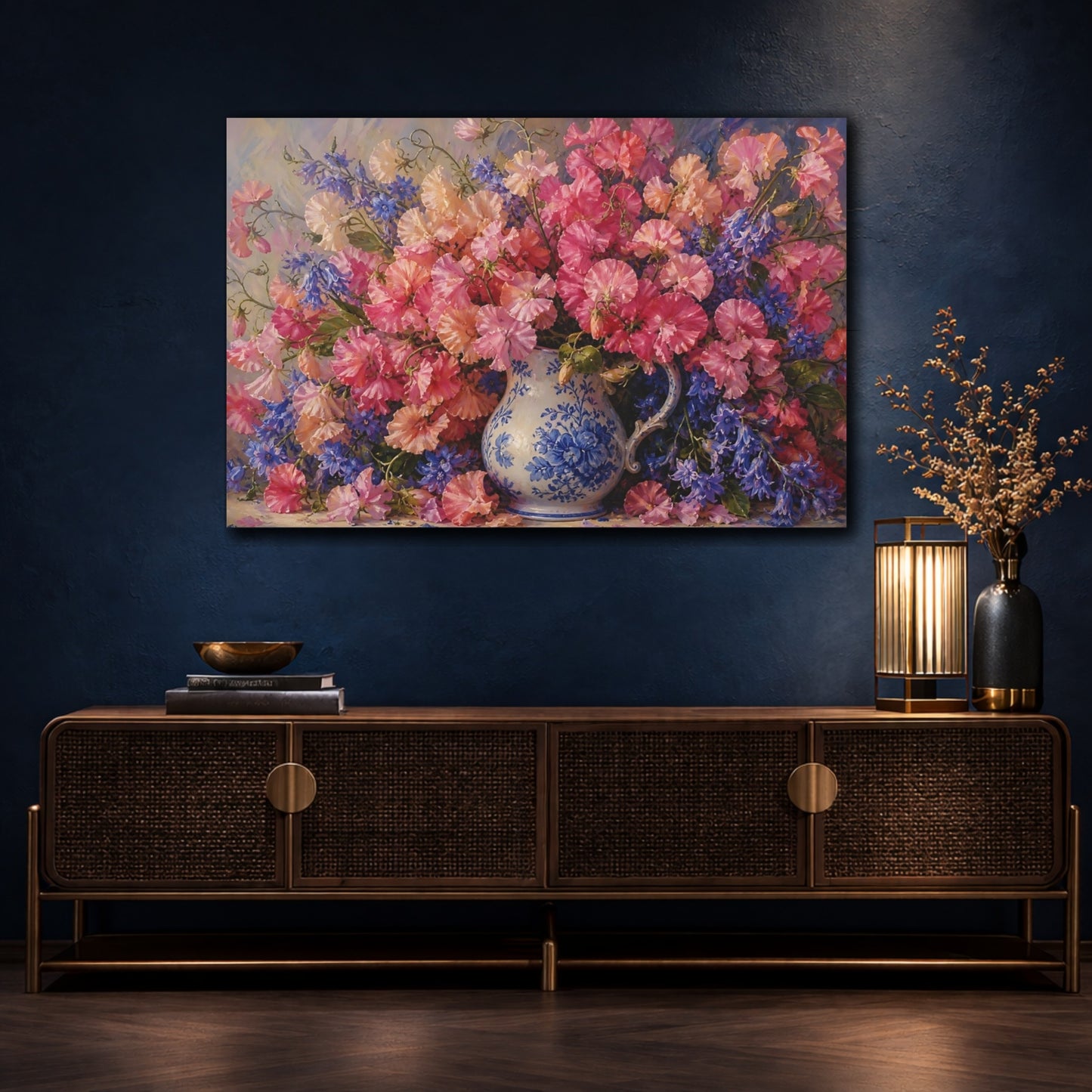 Mockup 4. Floral Flower Bouquet Pink And Blue Floral shown as stretched canvas wall art