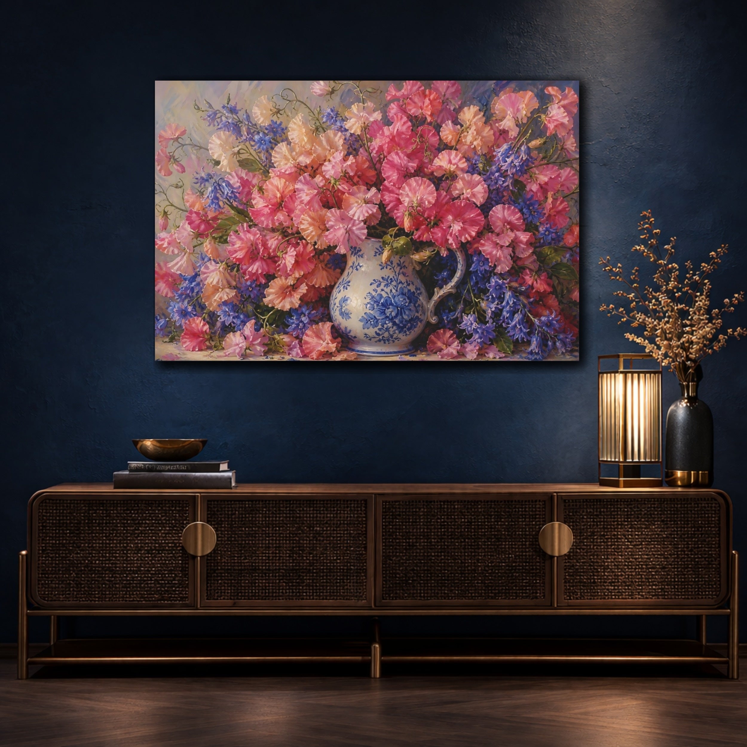 Mockup 4. Floral Flower Bouquet Pink And Blue Floral shown as stretched canvas wall art