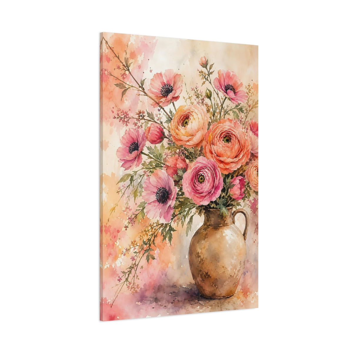 Side Mockup 1. Floral Flower Bouquet Pink And Orange shown as stretched canvas wall art