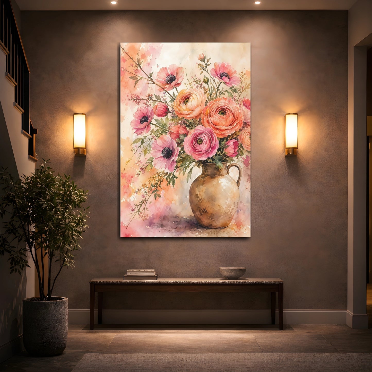 Mockup 2. Floral Flower Bouquet Pink And Orange shown as stretched canvas wall art