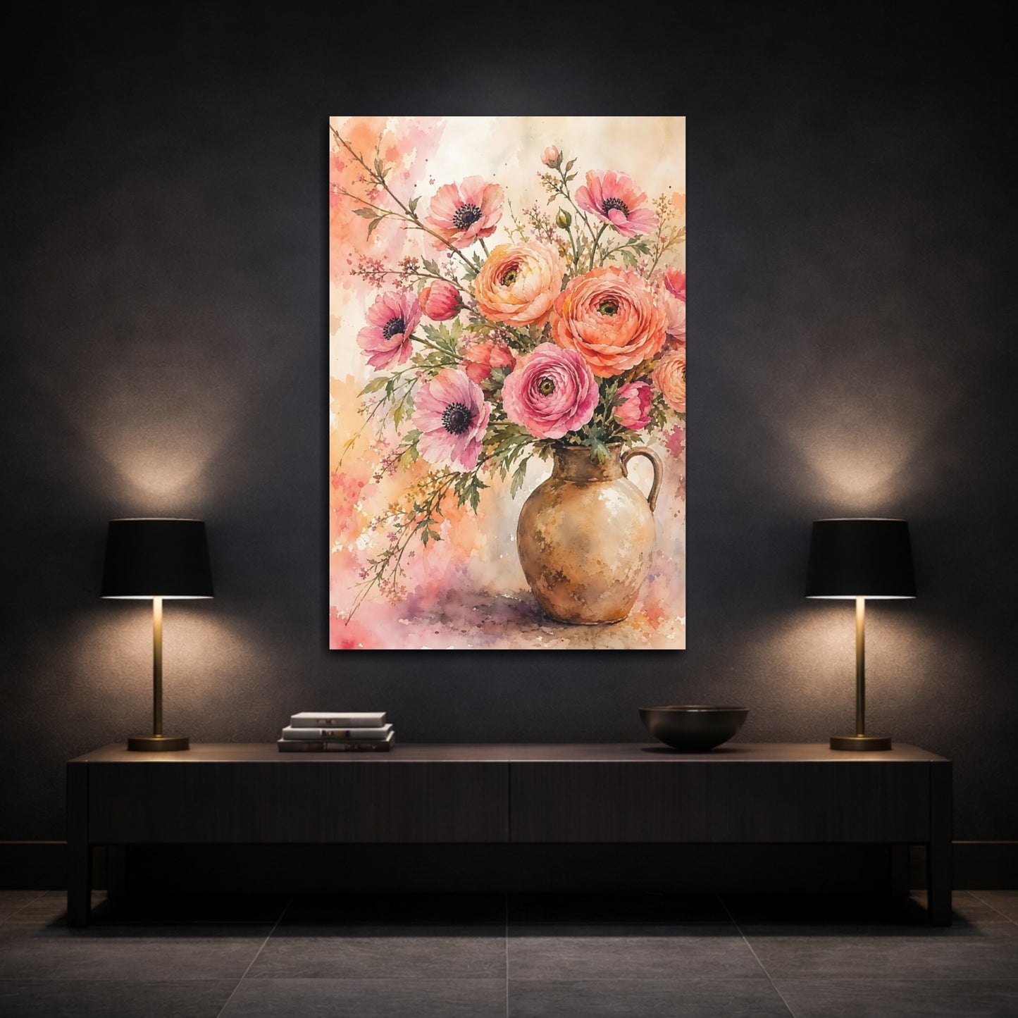 Mockup 3. Floral Flower Bouquet Pink And Orange shown as stretched canvas wall art