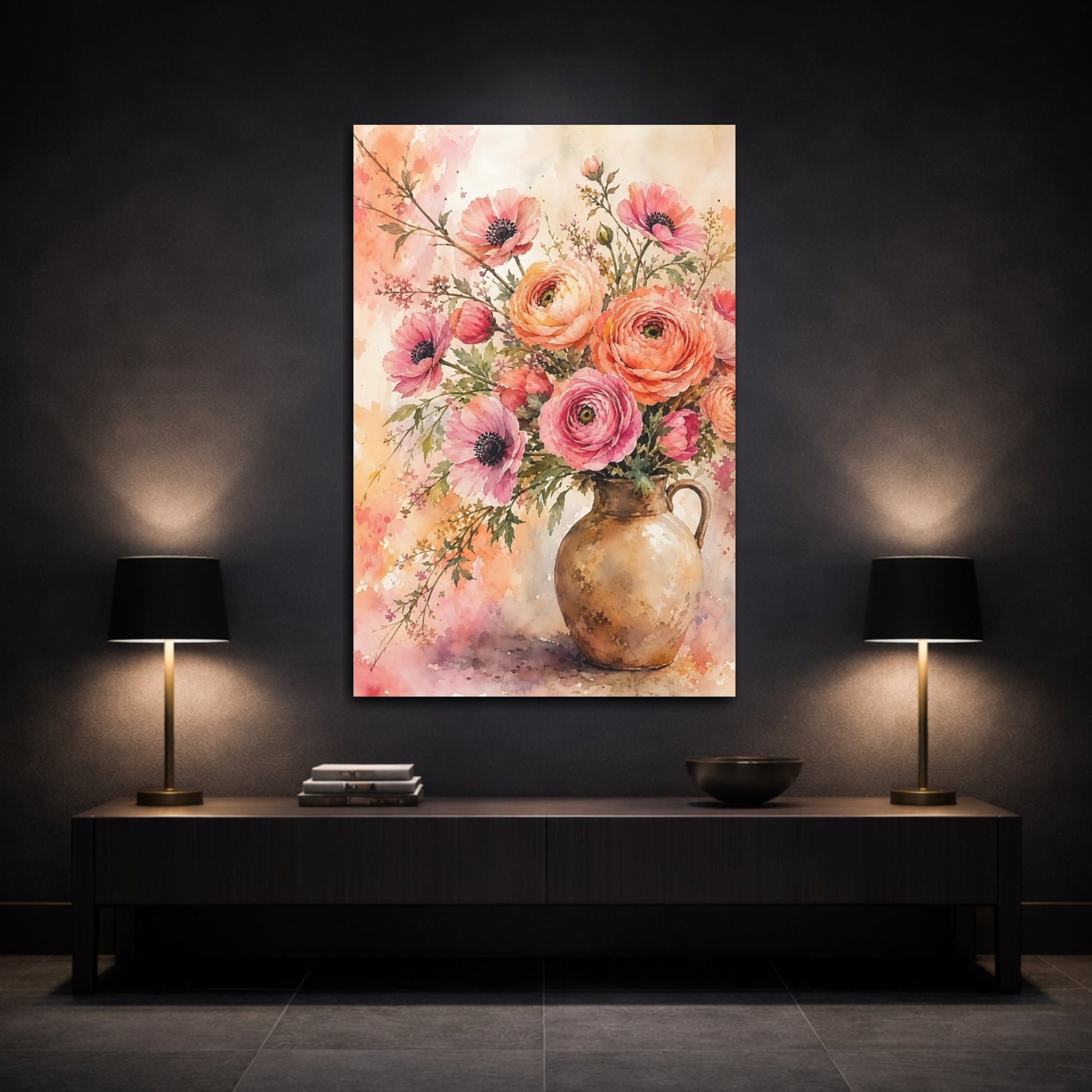 Mockup 3. Floral Flower Bouquet Pink And Orange shown as stretched canvas wall art