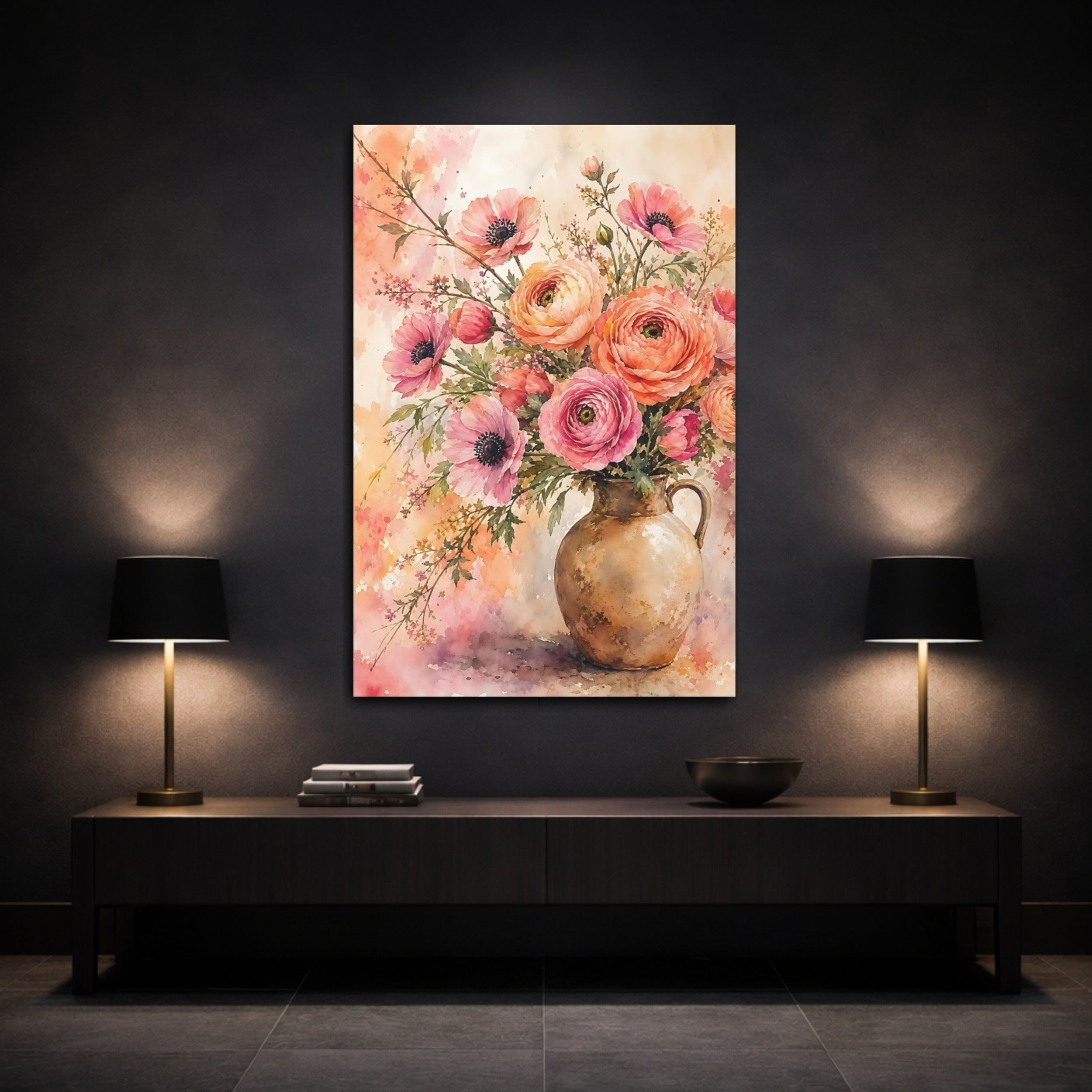 Mockup 3. Floral Flower Bouquet Pink And Orange shown as stretched canvas wall art