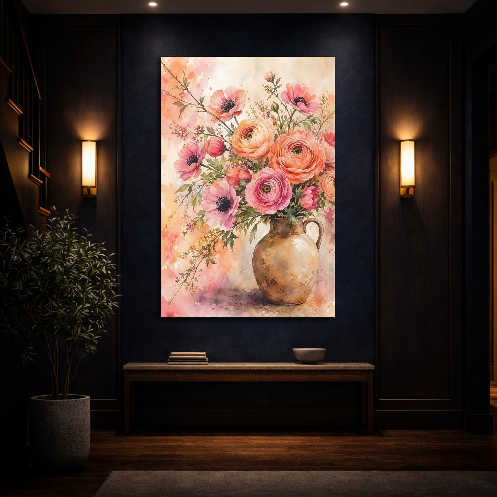 Mockup 4. Floral Flower Bouquet Pink And Orange shown as stretched canvas wall art