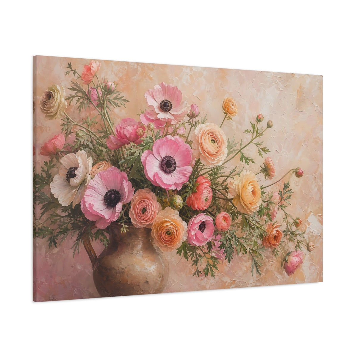 Side Mockup 1. Floral Flower Bouquet Pink And Peach Flowers shown as stretched canvas wall art