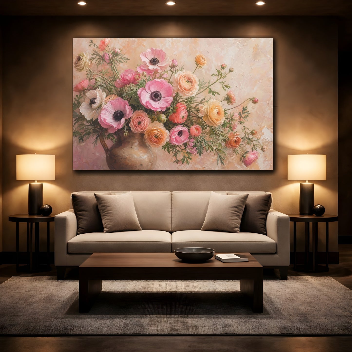Mockup 2. Floral Flower Bouquet Pink And Peach Flowers shown as stretched canvas wall art