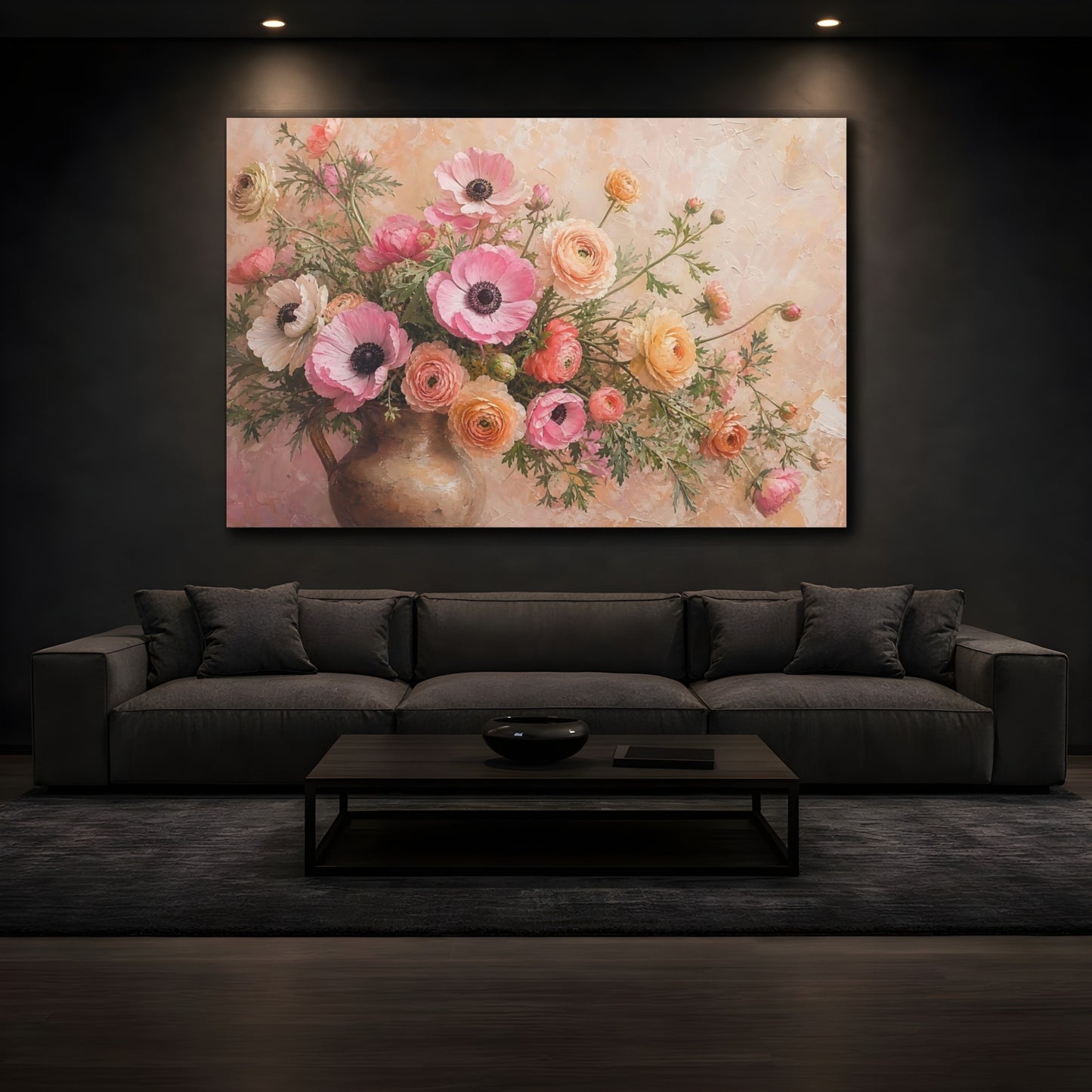 Mockup 3. Floral Flower Bouquet Pink And Peach Flowers shown as stretched canvas wall art
