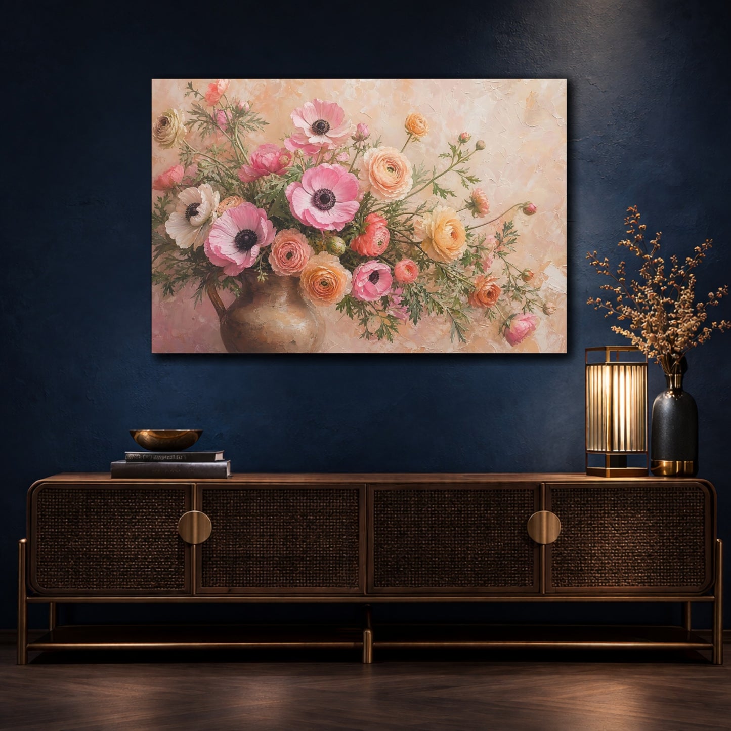 Mockup 4. Floral Flower Bouquet Pink And Peach Flowers shown as stretched canvas wall art