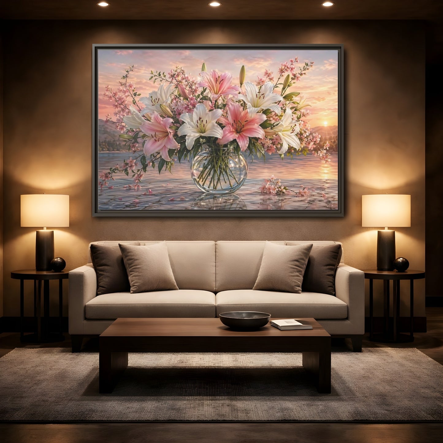 Mockup 2. Floral Flower Bouquet Pink And White Floral shown as stretched canvas wall art