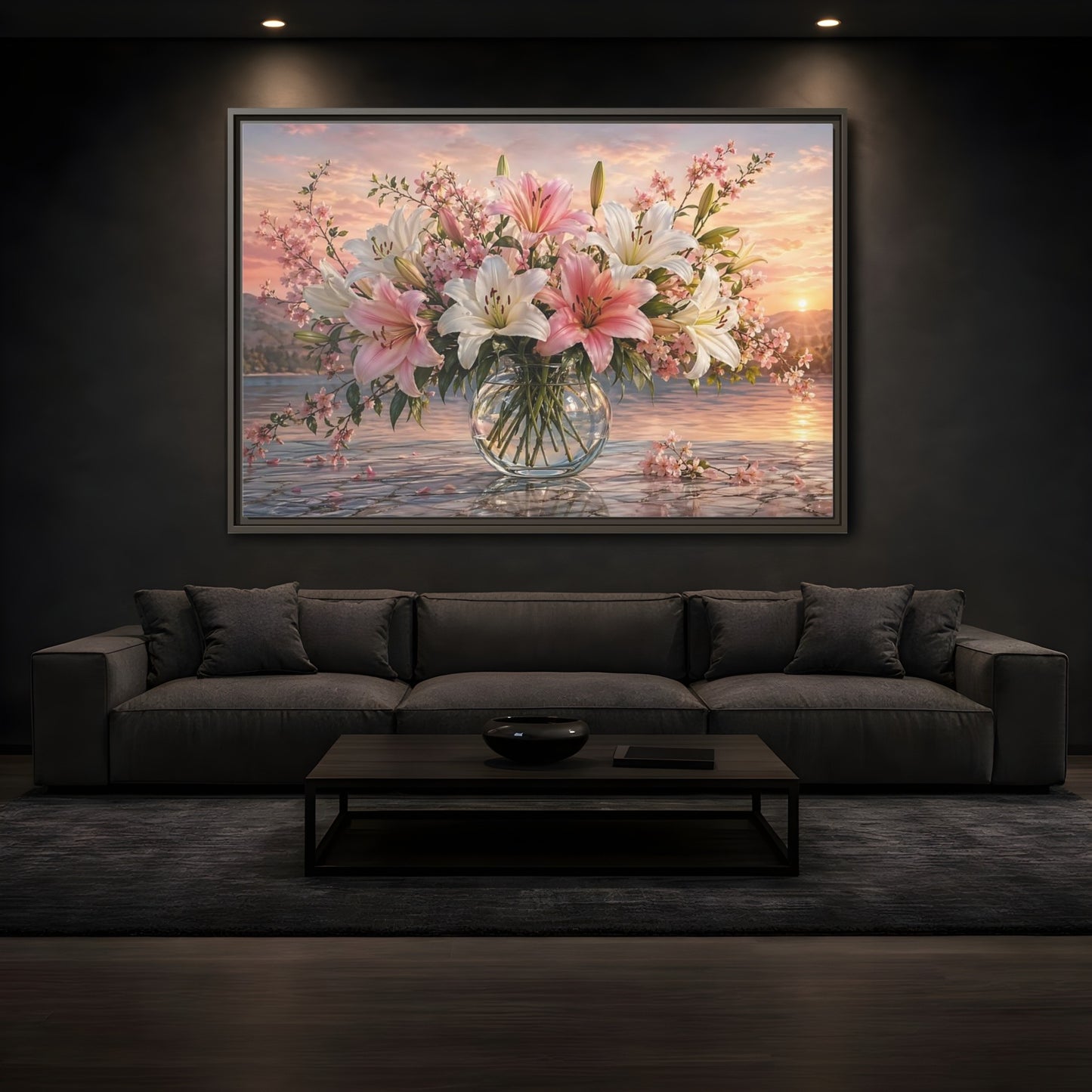 Mockup 3. Floral Flower Bouquet Pink And White Floral shown as stretched canvas wall art