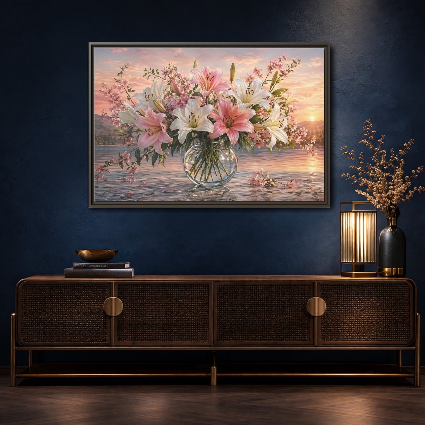 Mockup 4. Floral Flower Bouquet Pink And White Floral shown as stretched canvas wall art