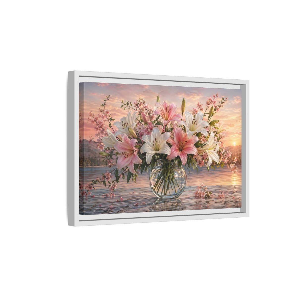Side Mockup 4. Floral Flower Bouquet Pink And White Floral shown as stretched canvas wall art