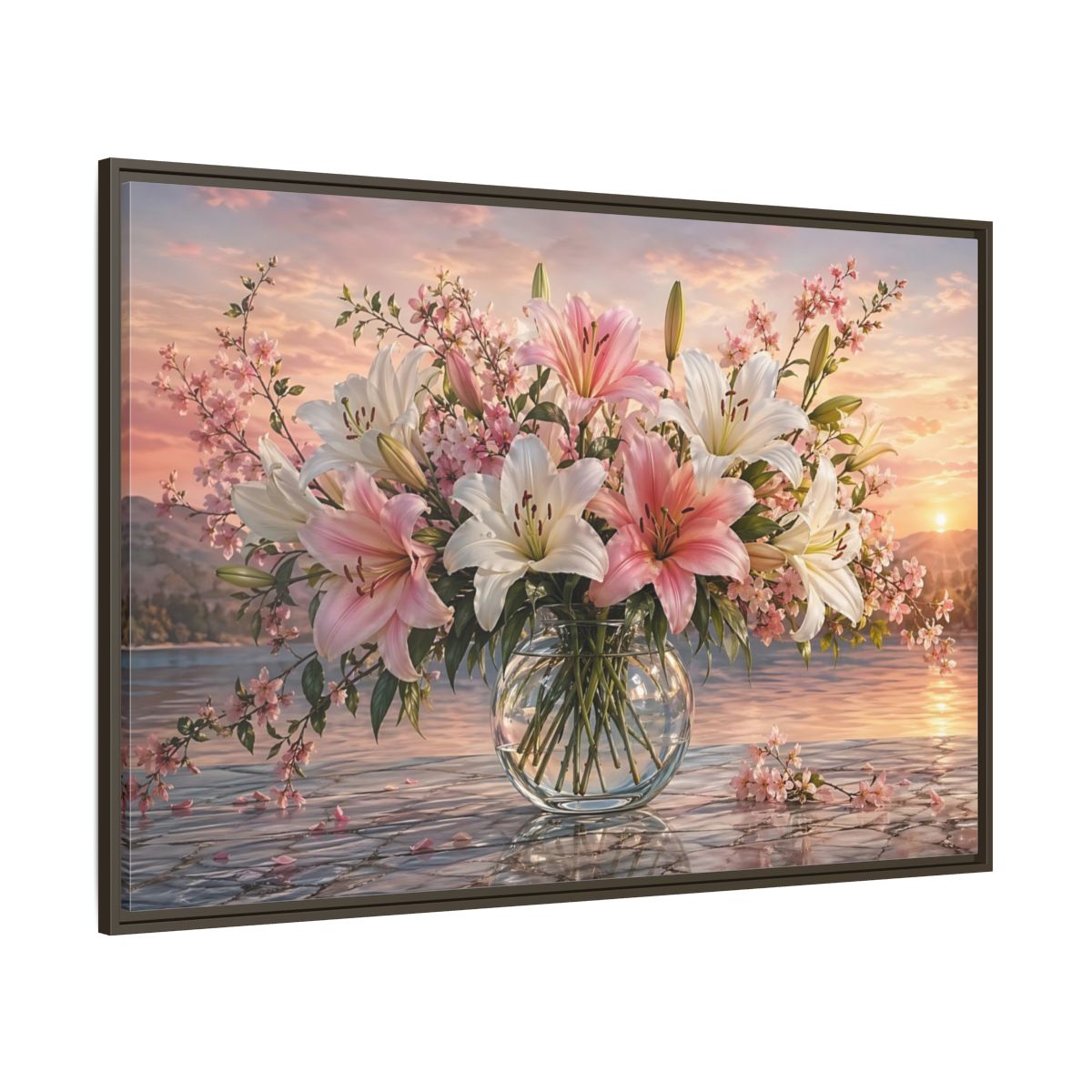 Side Mockup 8. Floral Flower Bouquet Pink And White Floral shown as stretched canvas wall art