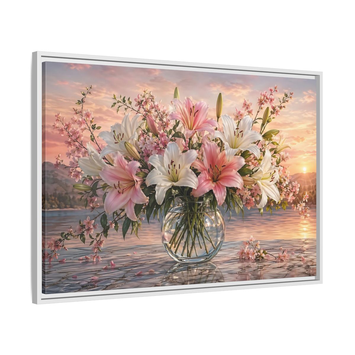 Side Mockup 9. Floral Flower Bouquet Pink And White Floral shown as stretched canvas wall art
