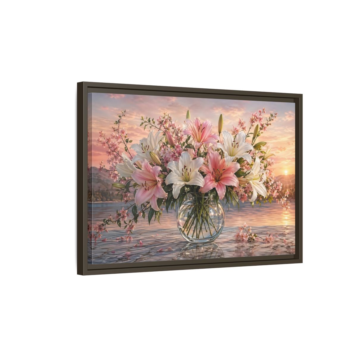Side Mockup 2. Floral Flower Bouquet Pink And White Floral shown as stretched canvas wall art