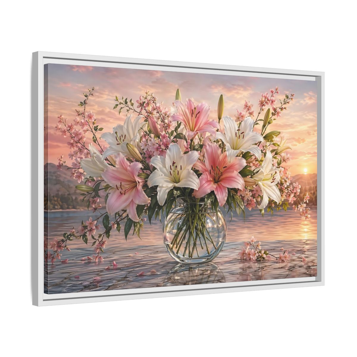 Side Mockup 10. Floral Flower Bouquet Pink And White Floral shown as stretched canvas wall art