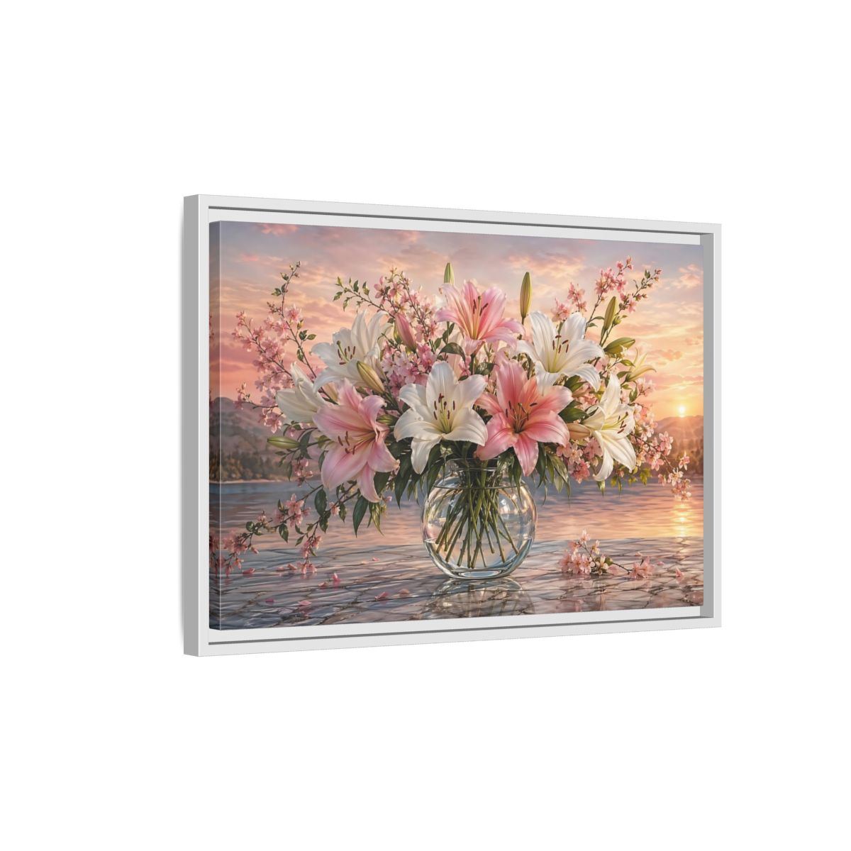 Side Mockup 1. Floral Flower Bouquet Pink And White Floral shown as stretched canvas wall art