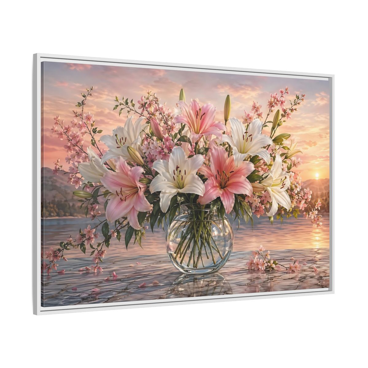 Side Mockup 7. Floral Flower Bouquet Pink And White Floral shown as stretched canvas wall art
