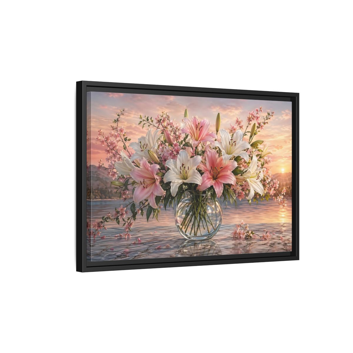 Side Mockup 3. Floral Flower Bouquet Pink And White Floral shown as stretched canvas wall art
