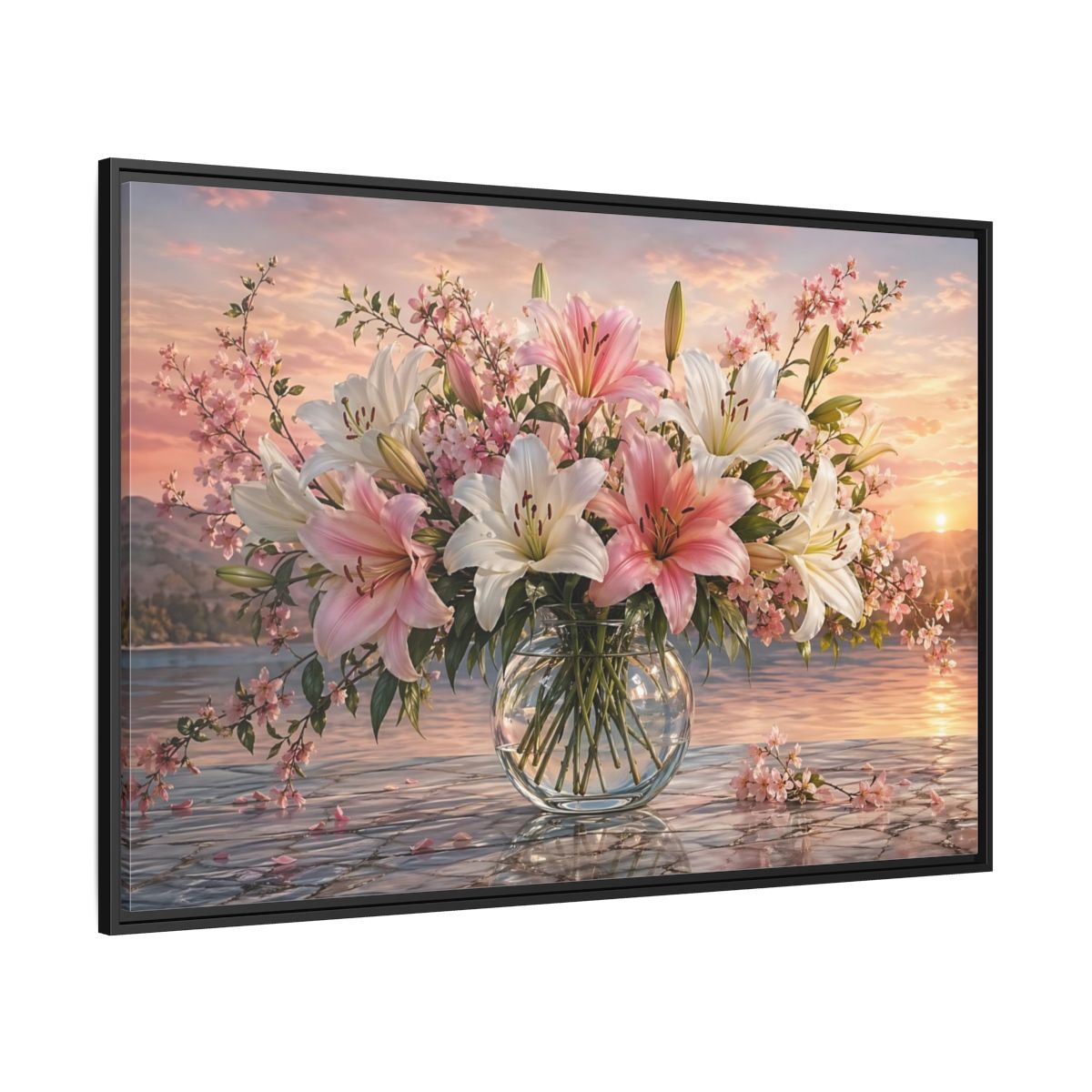 Side Mockup 12. Floral Flower Bouquet Pink And White Floral shown as stretched canvas wall art