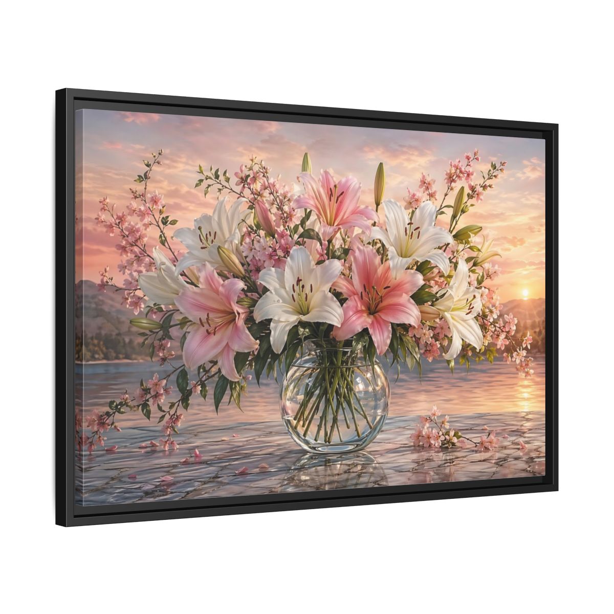 Side Mockup 14. Floral Flower Bouquet Pink And White Floral shown as stretched canvas wall art