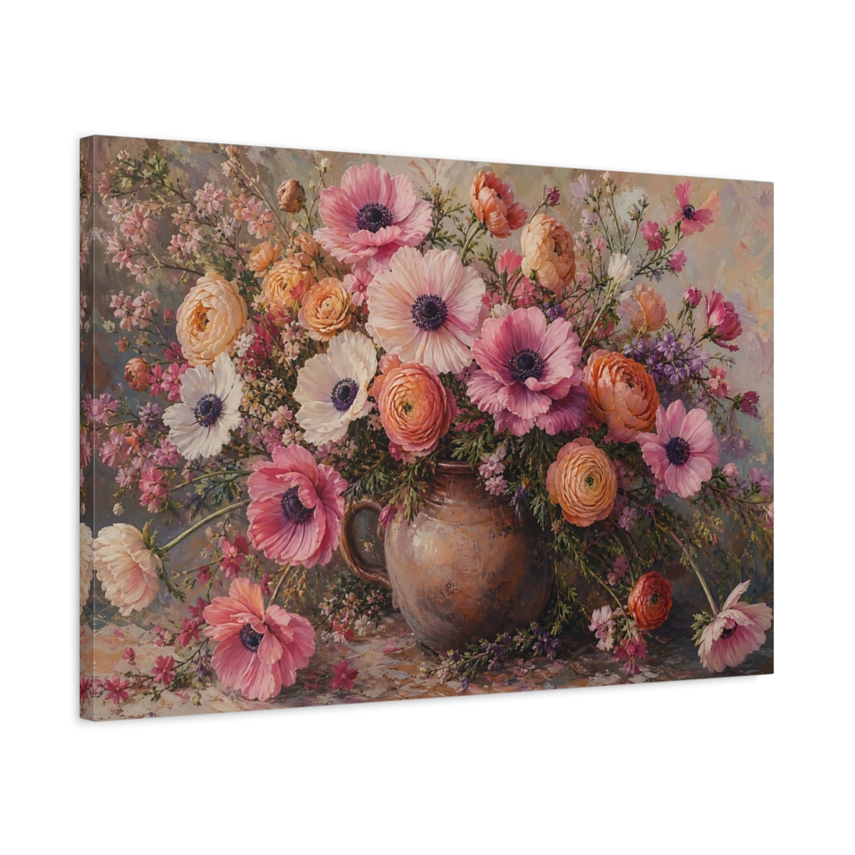 Side Mockup 2. Floral Flower Bouquet Pink Floral Bouquet shown as stretched canvas wall art