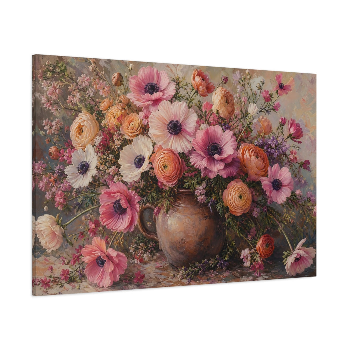 Side Mockup 1. Floral Flower Bouquet Pink Floral Bouquet shown as stretched canvas wall art