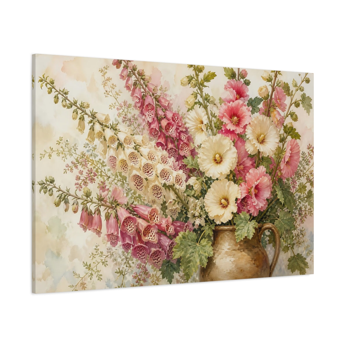 Side Mockup 1. Floral Flower Bouquet Pink Cream Flowers shown as stretched canvas wall art