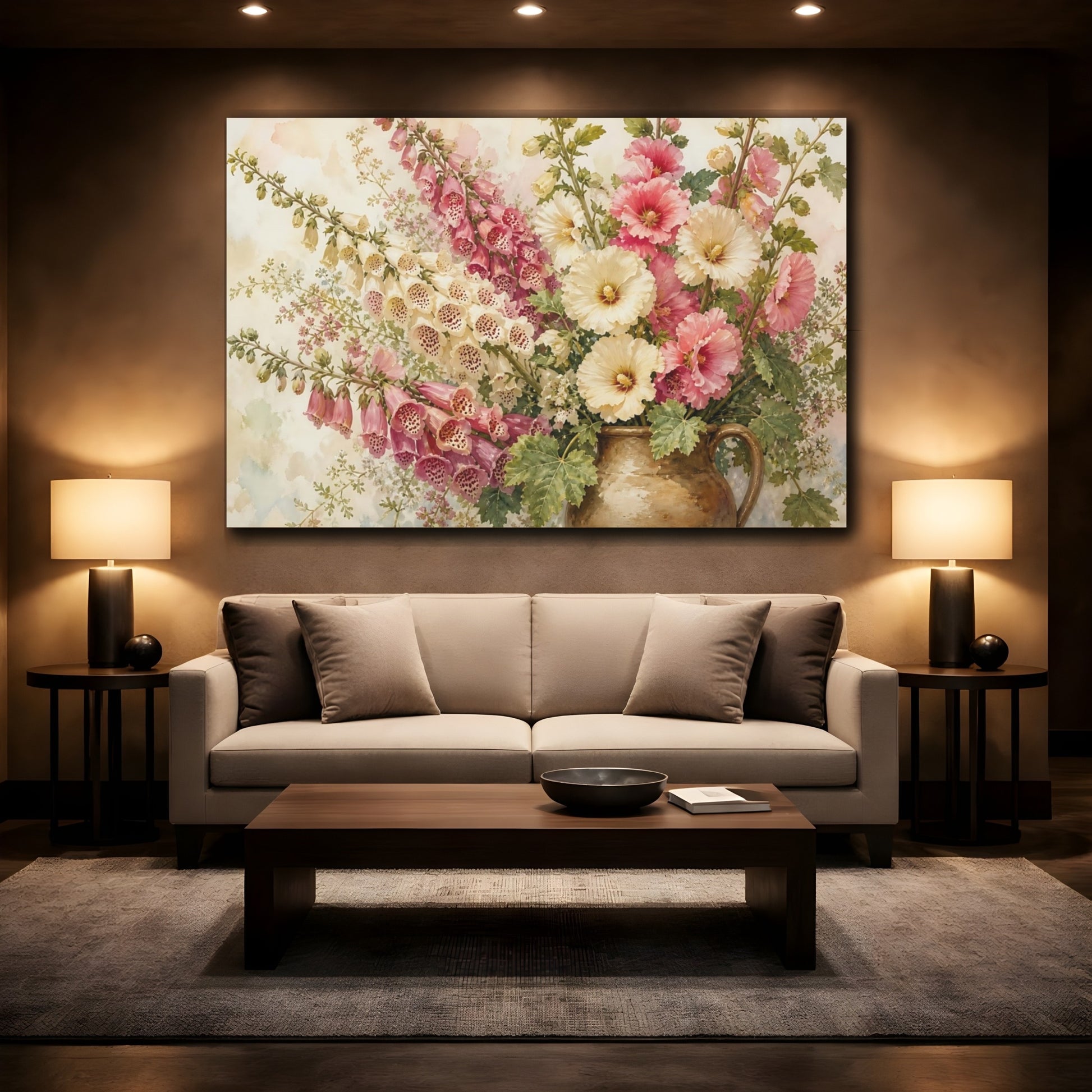 Mockup 2. Floral Flower Bouquet Pink Cream Flowers shown as stretched canvas wall art