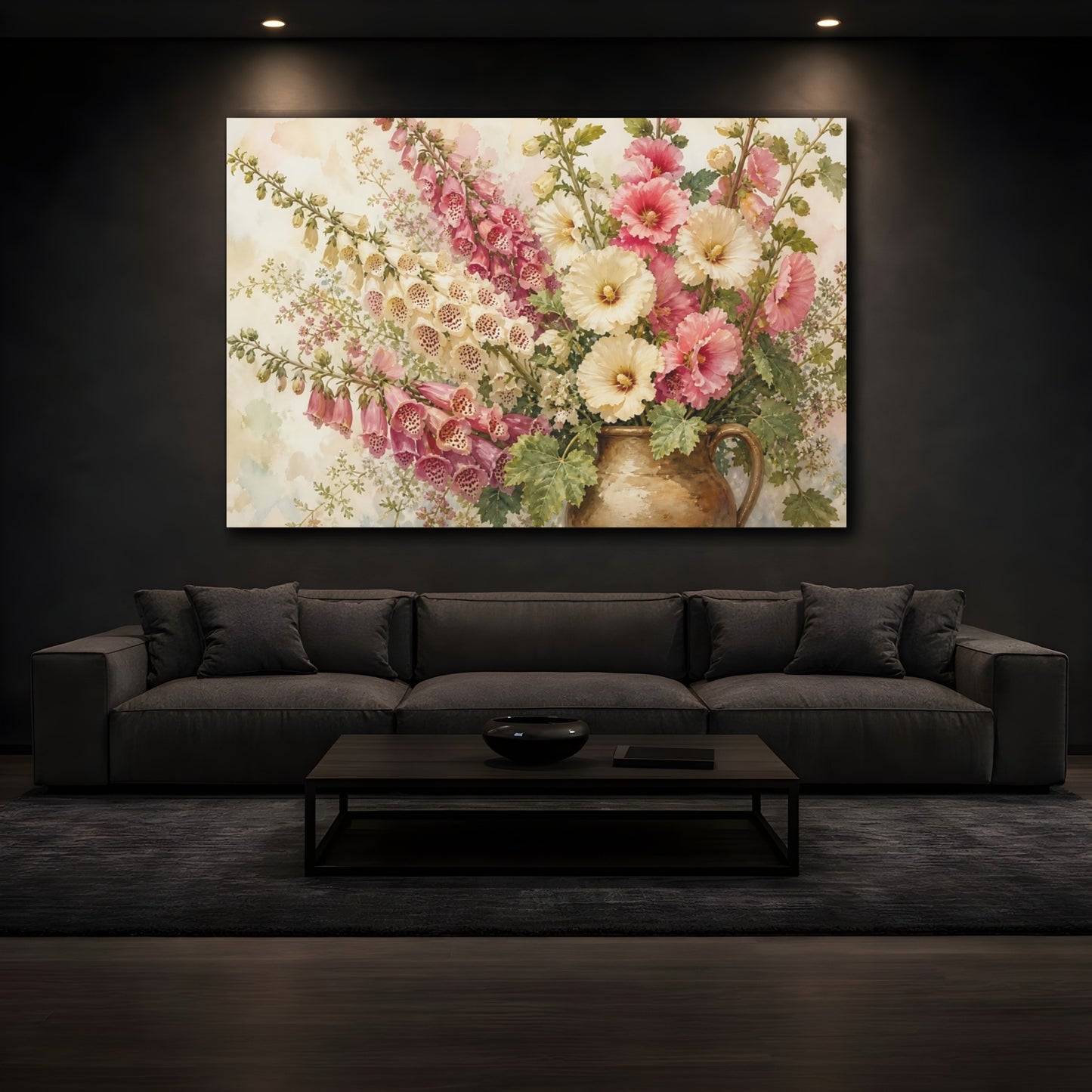 Mockup 3. Floral Flower Bouquet Pink Cream Flowers shown as stretched canvas wall art