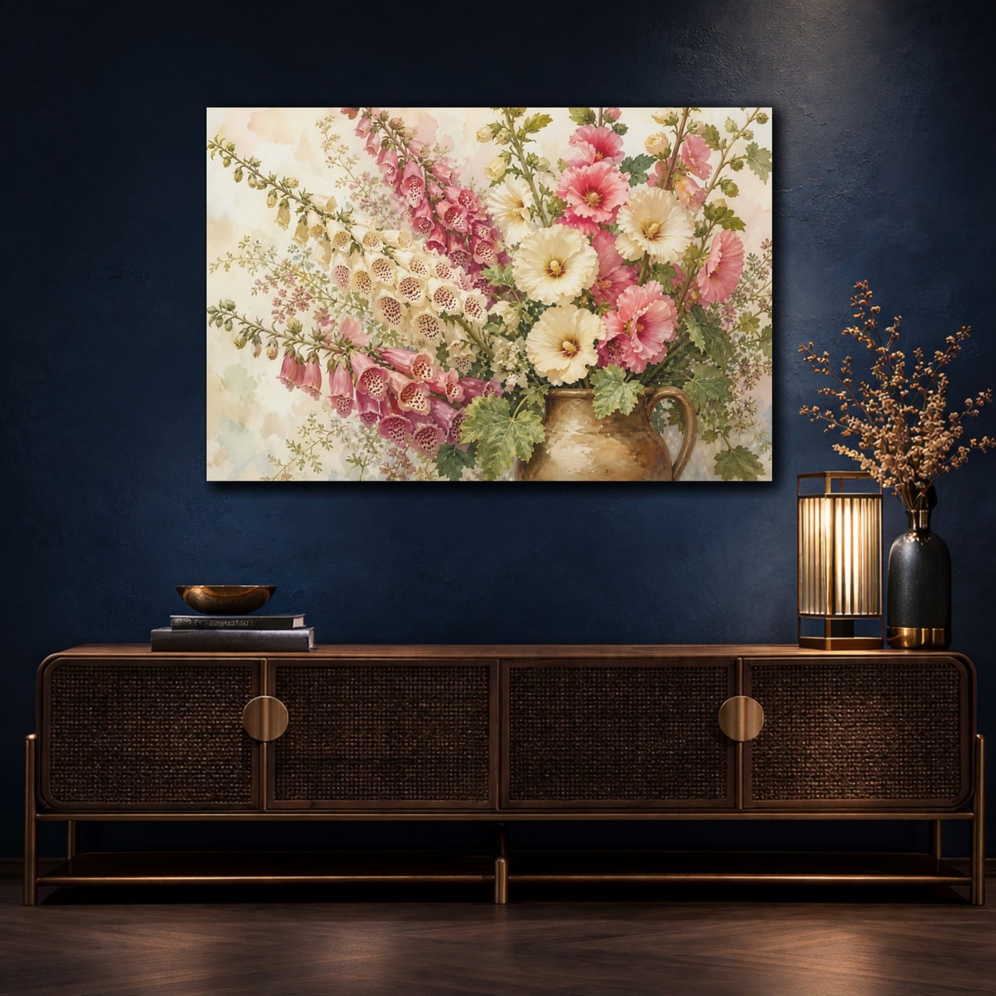 Mockup 4. Floral Flower Bouquet Pink Cream Flowers shown as stretched canvas wall art