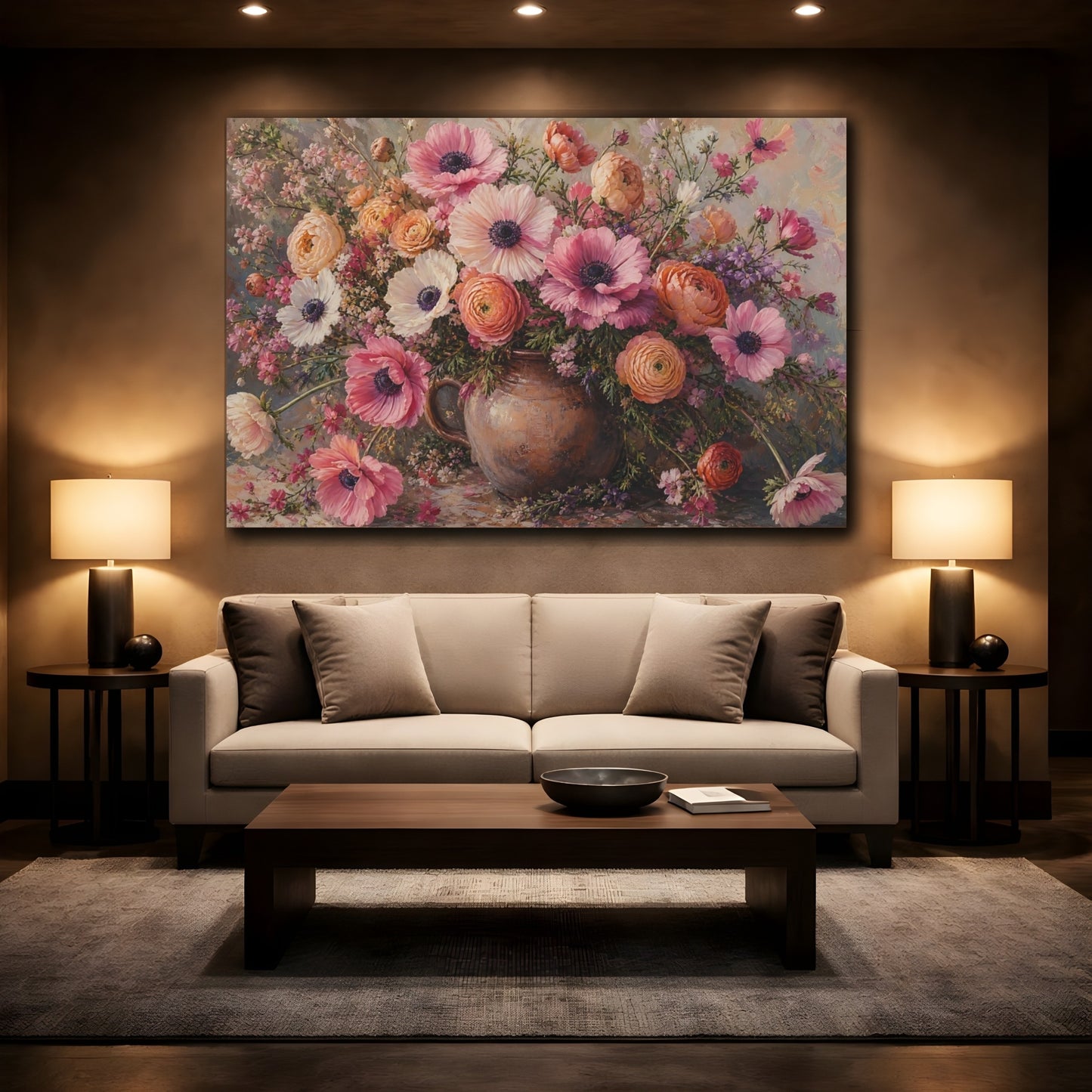 Mockup 2. Floral Flower Bouquet Pink Floral Bouquet shown as stretched canvas wall art