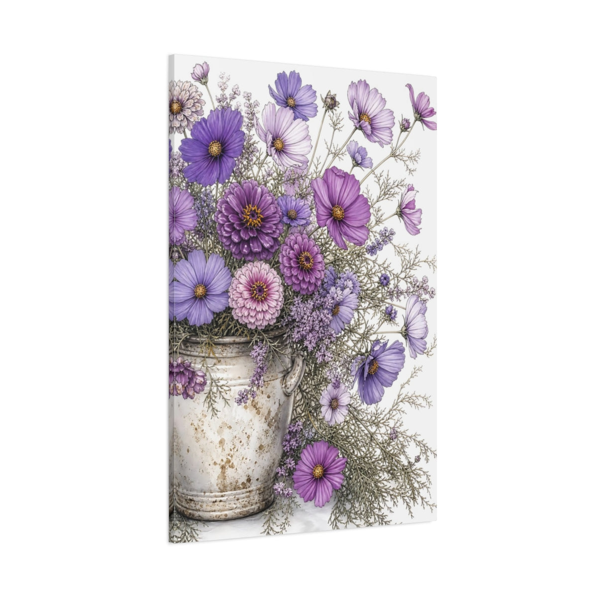 Side Mockup 1. Floral Flower Bouquet Purple Flowers shown as stretched canvas wall art