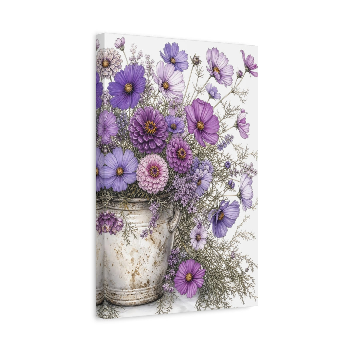 Side Mockup 4. Floral Flower Bouquet Purple Flowers shown as stretched canvas wall art