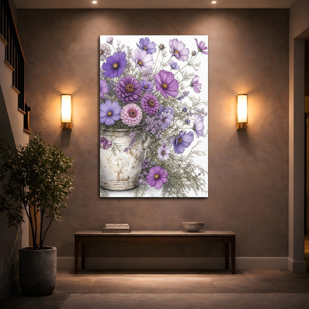 Mockup 2. Floral Flower Bouquet Purple Flowers shown as stretched canvas wall art