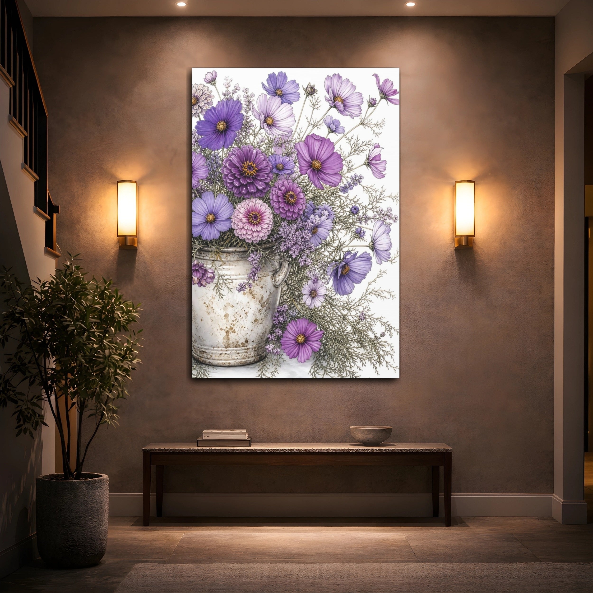 Mockup 2. Floral Flower Bouquet Purple Flowers shown as stretched canvas wall art