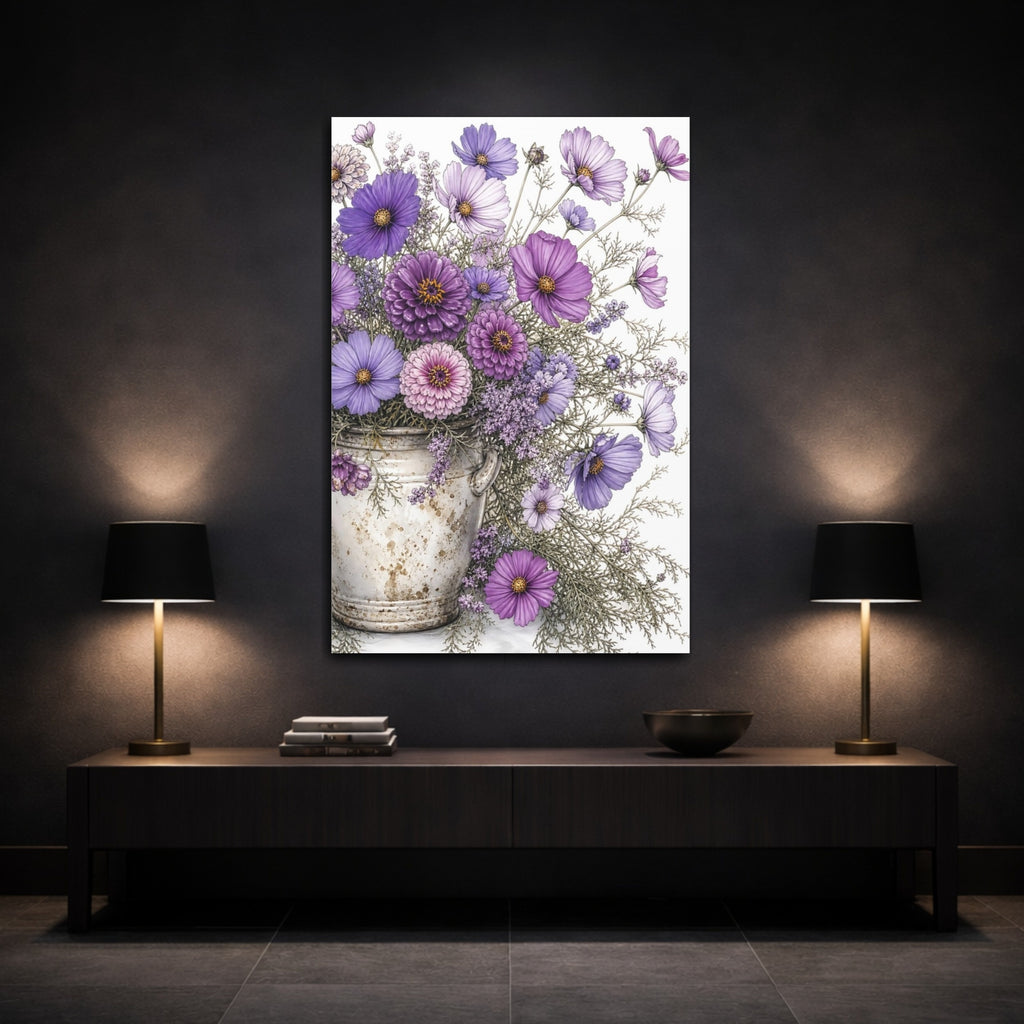 Mockup 3. Floral Flower Bouquet Purple Flowers shown as stretched canvas wall art