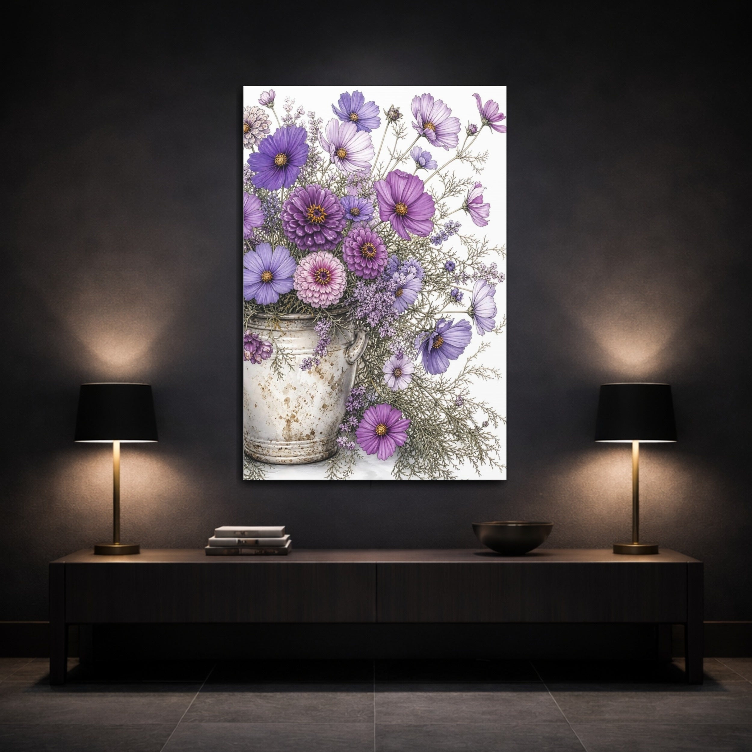 Mockup 3. Floral Flower Bouquet Purple Flowers shown as stretched canvas wall art
