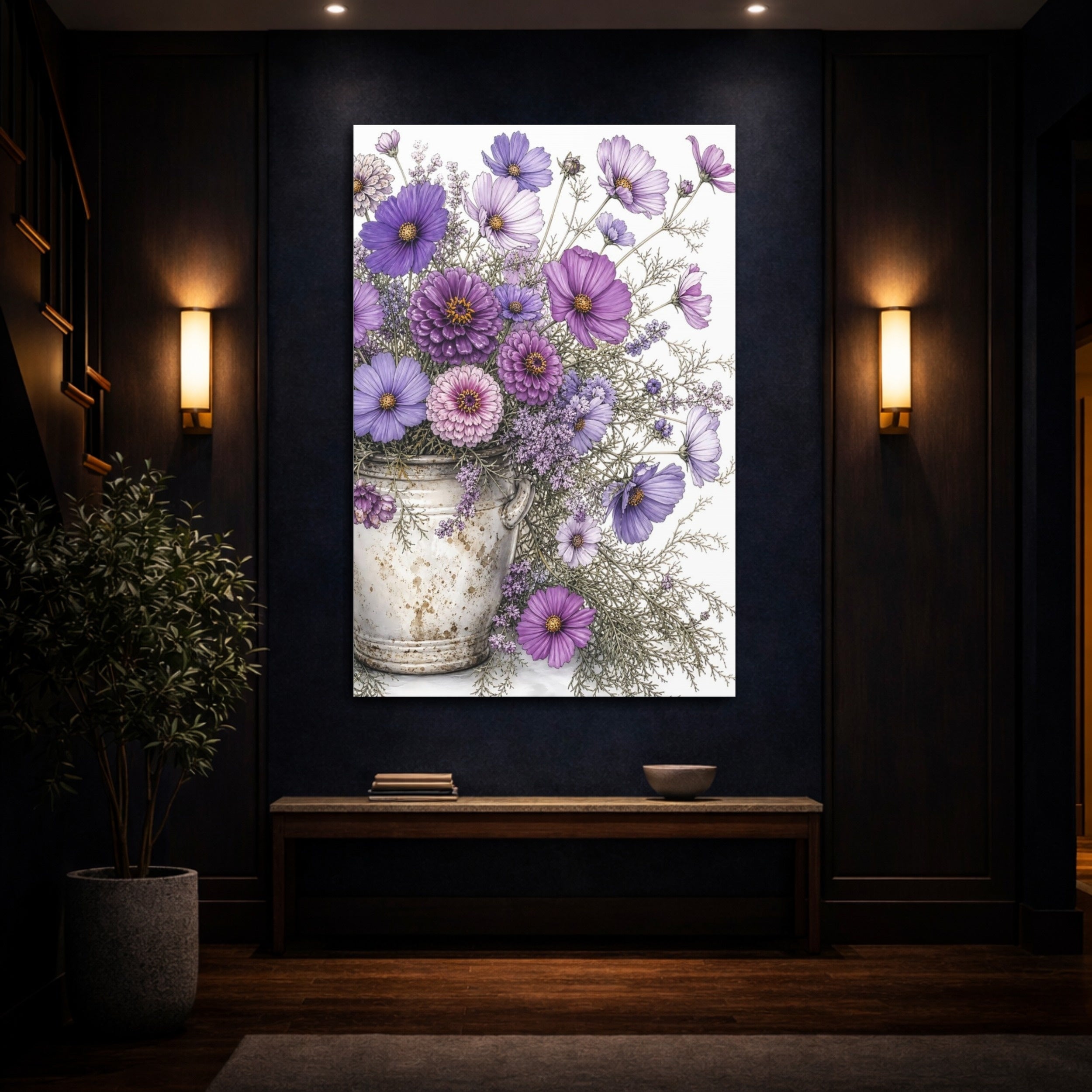 Mockup 4. Floral Flower Bouquet Purple Flowers shown as stretched canvas wall art